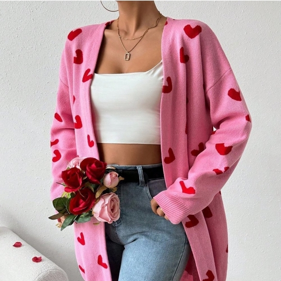 . Sweaters - Pink Casual Women's Heart Pattern Cardigan